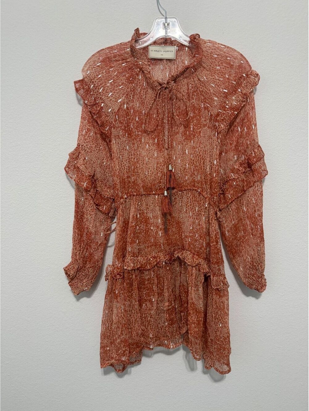 Scarlett Poppies Ruffled Long Sleeve Tie Neck Tiered Sheer Mini Dress Size XS